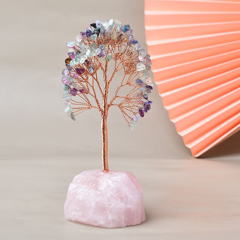 Arbre de Vie Plaisir sur Quartz Rose – Fait Main 15 cm - Biloria