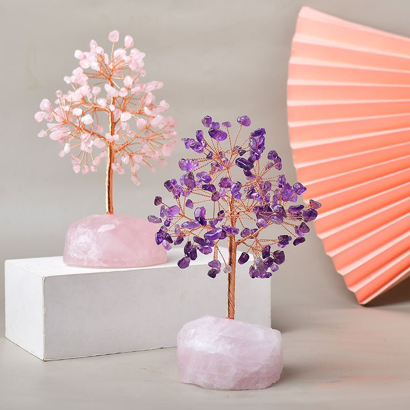 Arbre de Vie Plaisir sur Quartz Rose – Fait Main 15 cm - Biloria