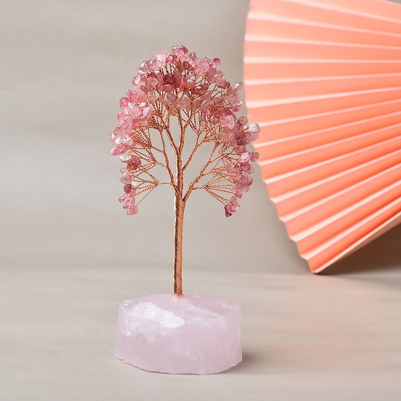 Arbre de Vie Plaisir sur Quartz Rose – Fait Main 15 cm - Biloria