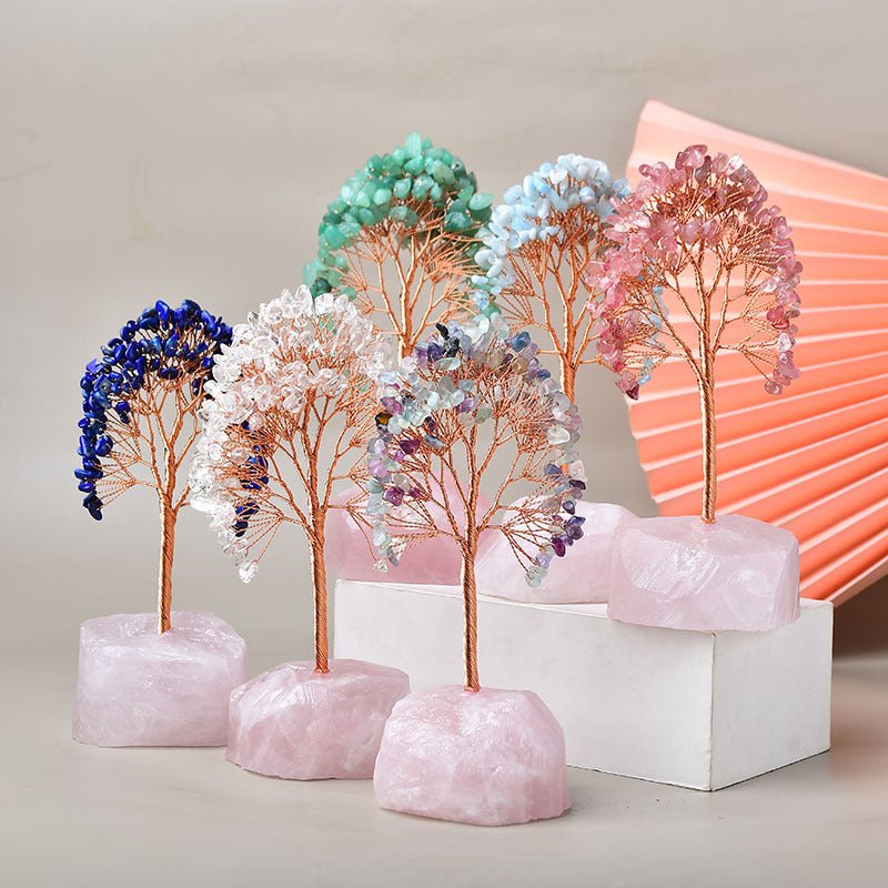 Arbre de Vie Plaisir sur Quartz Rose – Fait Main 15 cm - Biloria