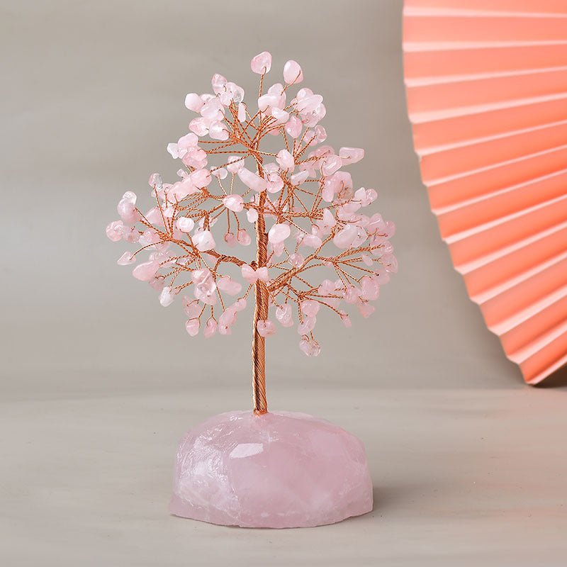 Arbre de Vie Plaisir sur Quartz Rose – Fait Main 15 cm - Biloria