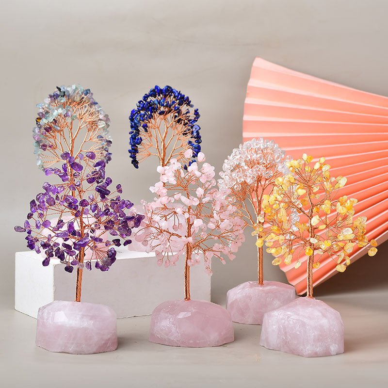 Arbre de Vie Plaisir sur Quartz Rose – Fait Main 15 cm - Biloria