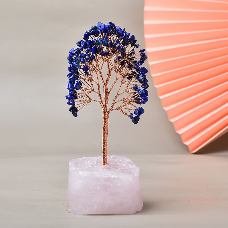 Arbre de Vie Plaisir sur Quartz Rose – Fait Main 15 cm - Biloria