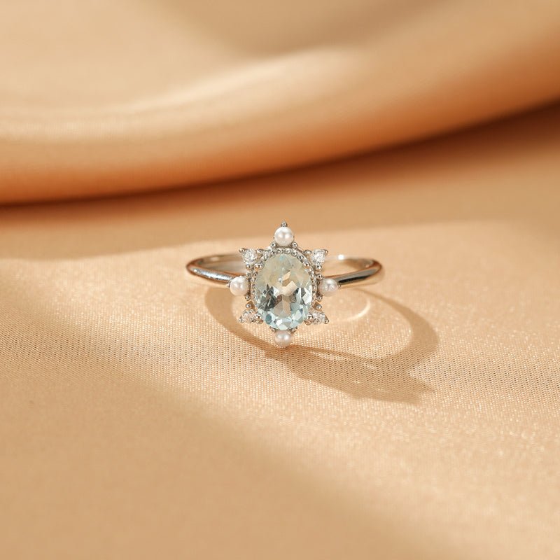 Bague Aigue marine Perles Zircons - Argent 925 Ajustable - Biloria