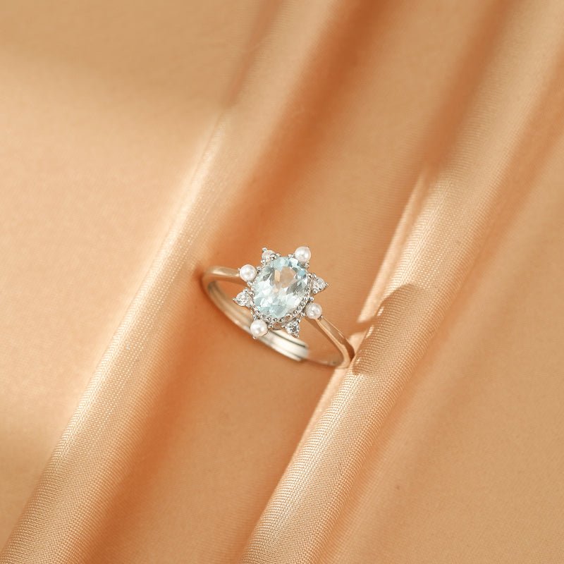 Bague Aigue marine Perles Zircons - Argent 925 Ajustable - Biloria
