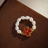 Bague ajustable perle et agate rouge trèfle chance - Biloria