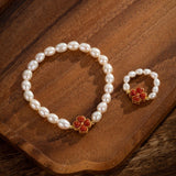 Bague ajustable perle et agate rouge trèfle chance - Biloria