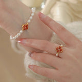 Bague ajustable perle et agate rouge trèfle chance - Biloria