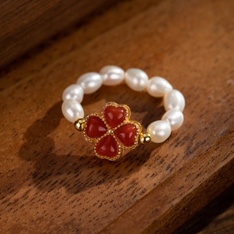 Bague ajustable perle et agate rouge trèfle chance - Biloria