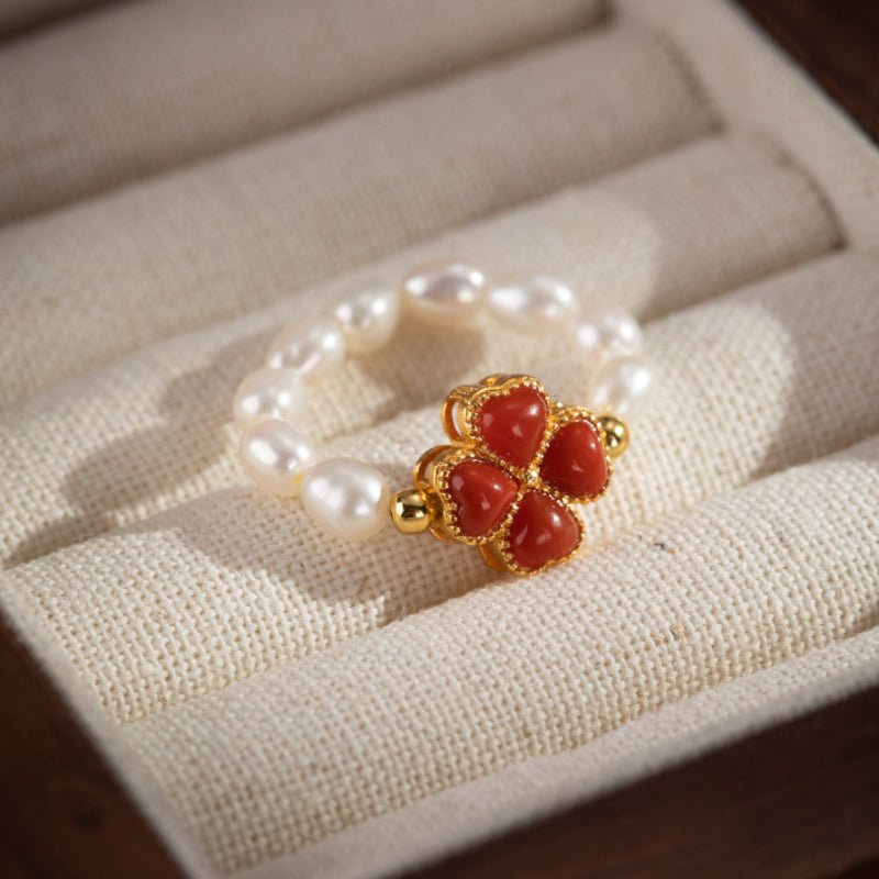 Bague ajustable perle et agate rouge trèfle chance - Biloria