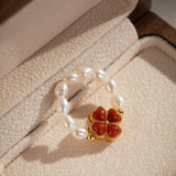 Bague ajustable perle et agate rouge trèfle chance - Biloria