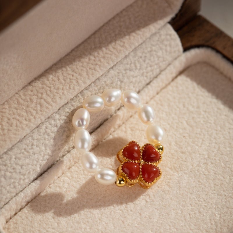 Bague ajustable perle et agate rouge trèfle chance - Biloria