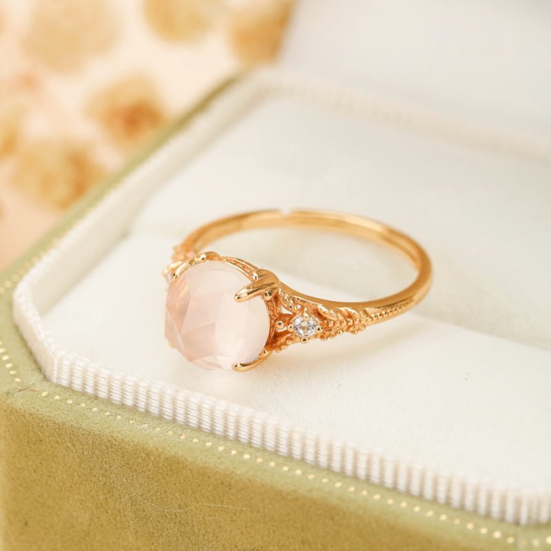 Bague Ajustable Quartz Rose Zircon Argent Plaqué Or - Biloria