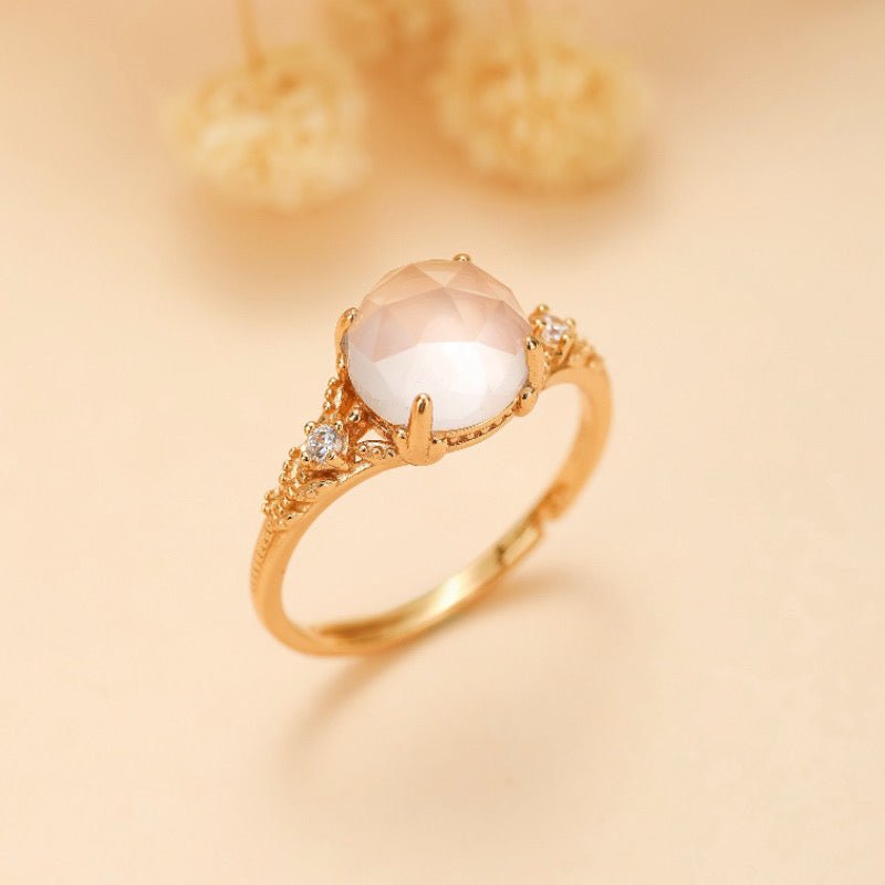 Bague Ajustable Quartz Rose Zircon Argent Plaqué Or - Biloria