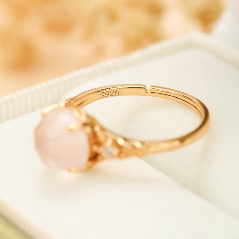 Bague Ajustable Quartz Rose Zircon Argent Plaqué Or - Biloria