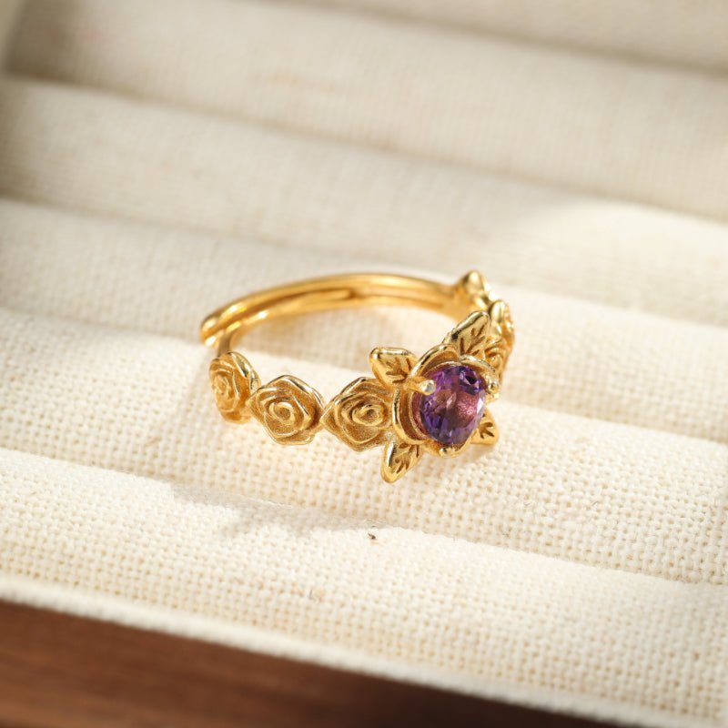 Bague Améthyste Floral Argent Plaqué Or – Apaisante - Biloria