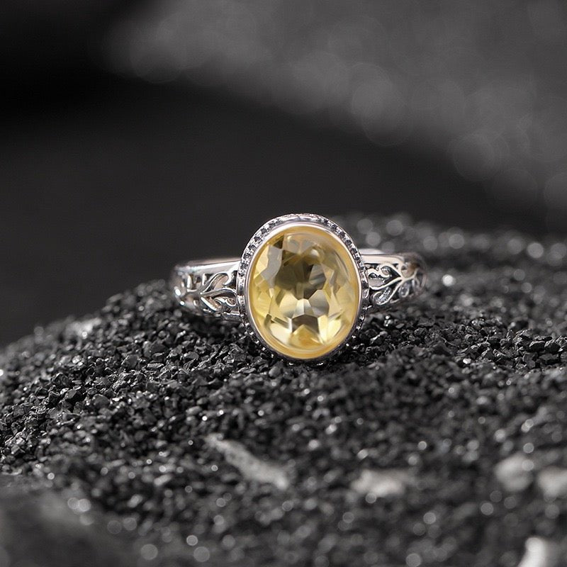 Bague Améthyste ou Citrine ajustable – Argent 925 motif floral - Biloria