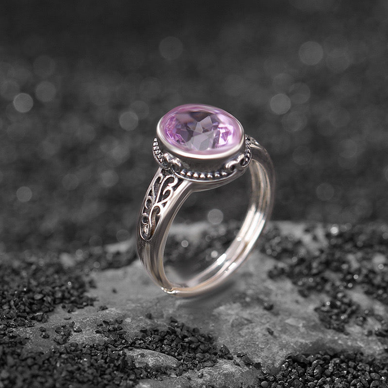 Bague Améthyste ou Citrine ajustable – Argent 925 motif floral - Biloria