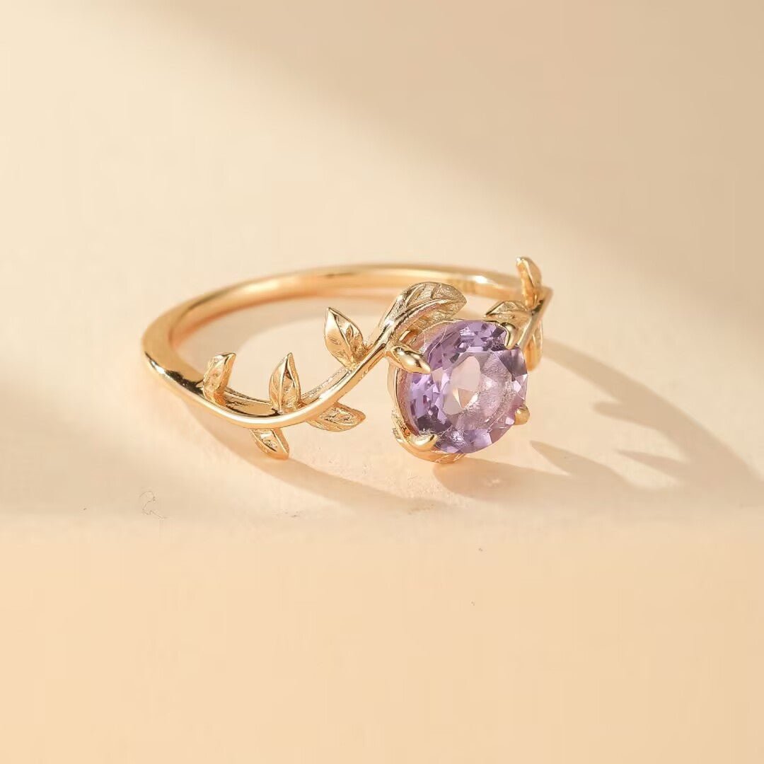 Bague Améthyste Violette Branche Printemps Argent Plaqué Or 14K - Biloria