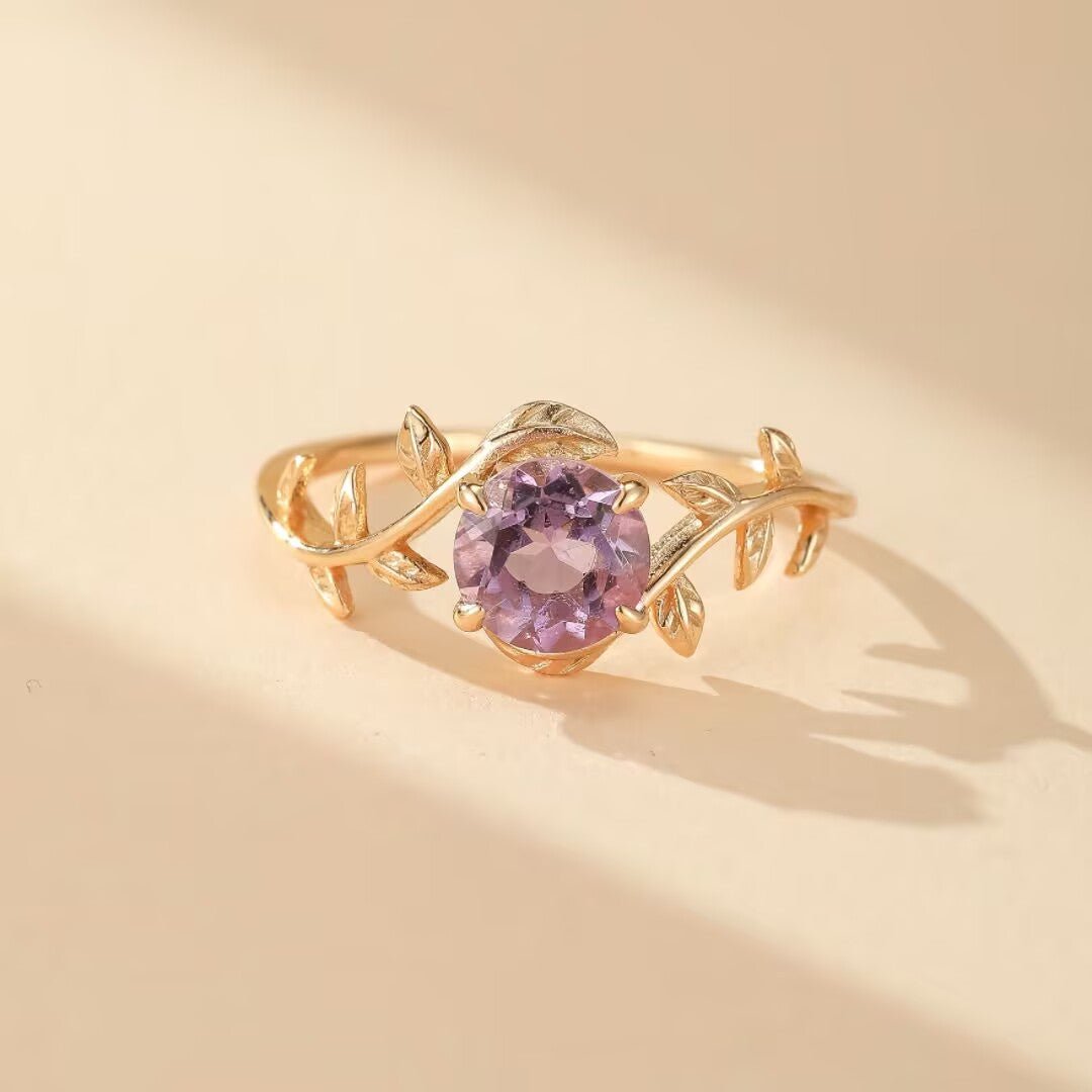 Bague Améthyste Violette Branche Printemps Argent Plaqué Or 14K - Biloria
