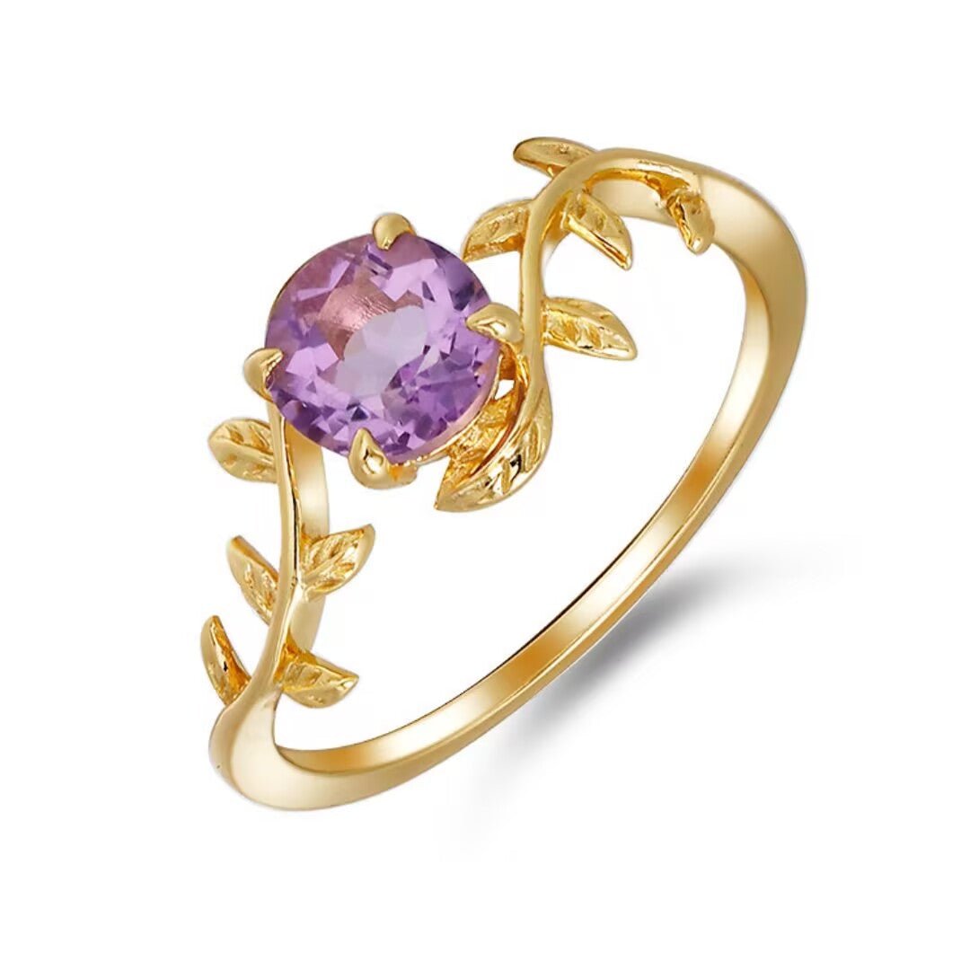 Bague Améthyste Violette Branche Printemps Argent Plaqué Or 14K - Biloria