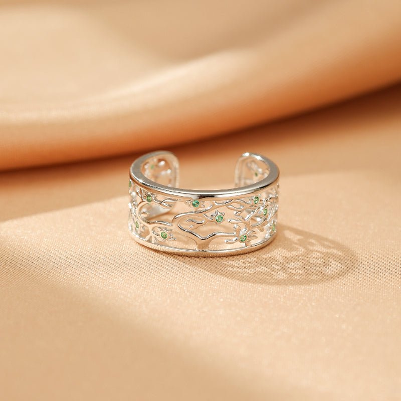Bague Arbre de Vie Zircon Vert Argent 925 Ajustable - Biloria
