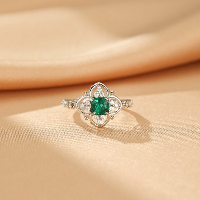 Bague Argent S925 Émeraude Trèfle Porte-Bonheur - Biloria