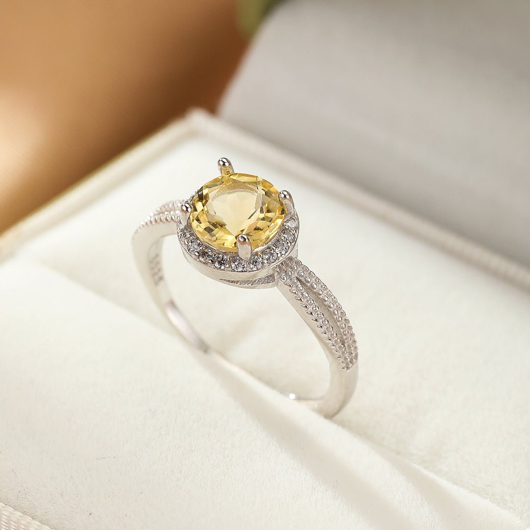 Bague Citrine Argent 925 Pierre Ronde 7mm Ajustable - Biloria