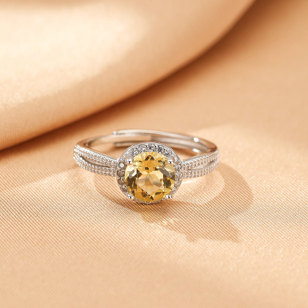 Bague Citrine Argent 925 Pierre Ronde 7mm Ajustable - Biloria