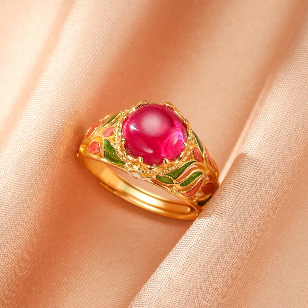 Bague Cornaline Feuillage Impérial – Argent Émaillé, Ajustable - Biloria