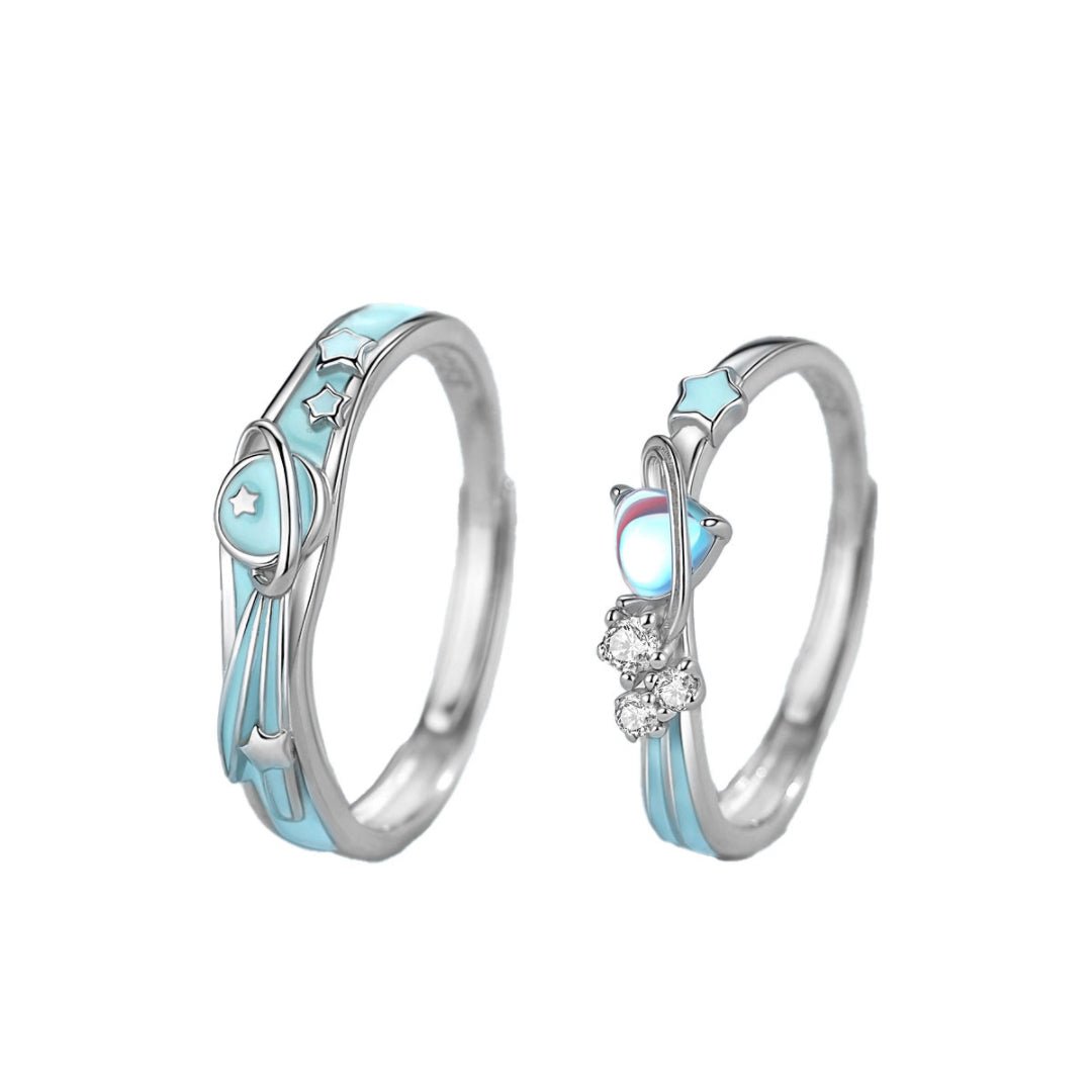 Bague couple ajustable avec motif astral et émail bleu - Biloria