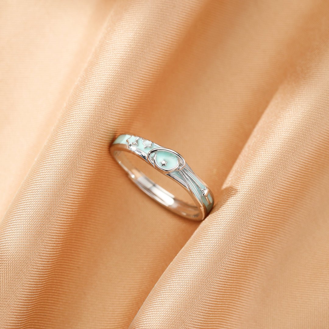 Bague couple ajustable avec motif astral et émail bleu - Biloria