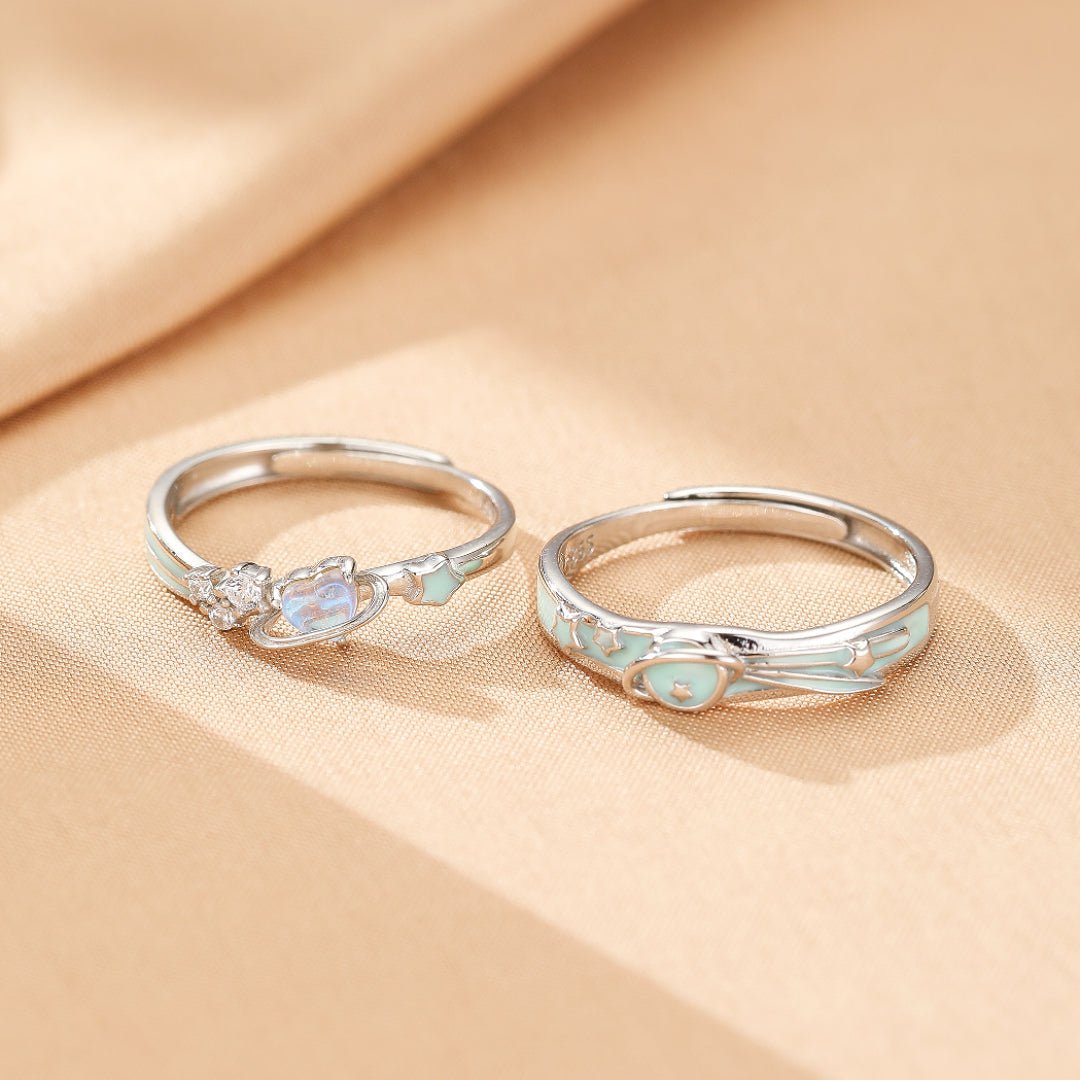 Bague couple ajustable avec motif astral et émail bleu - Biloria