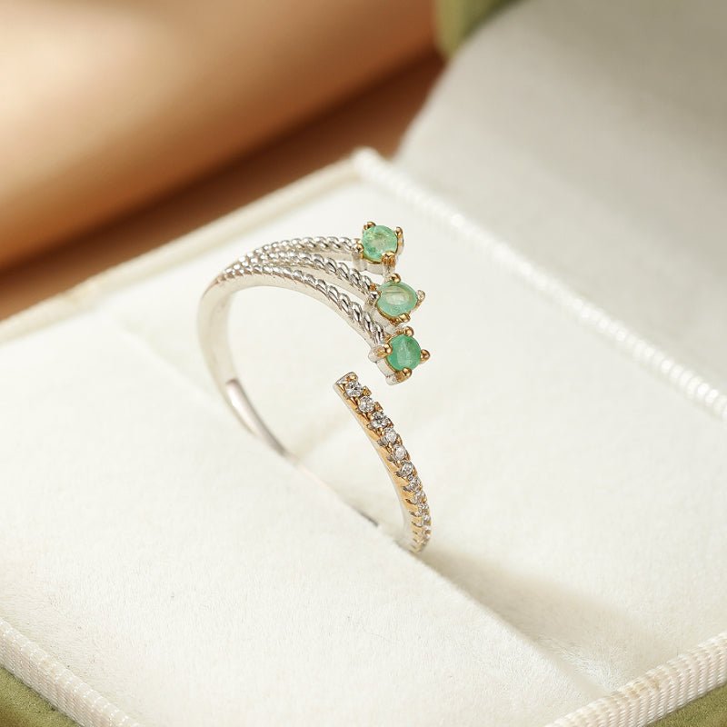 Bague Émeraude et Zircon Argent Ajustable - Biloria