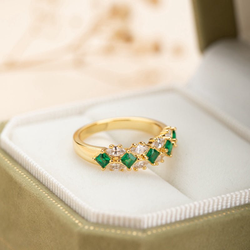 Bague Émeraude et Zircon en Argent Plaqué Or - Diadème Royal - Biloria