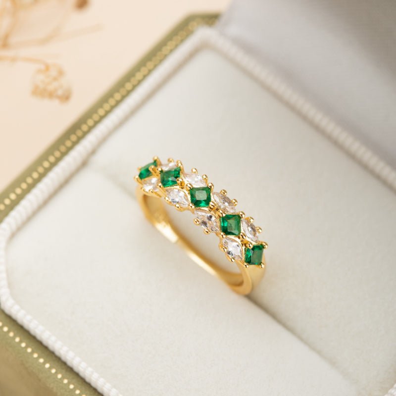 Bague Émeraude et Zircon en Argent Plaqué Or - Diadème Royal - Biloria