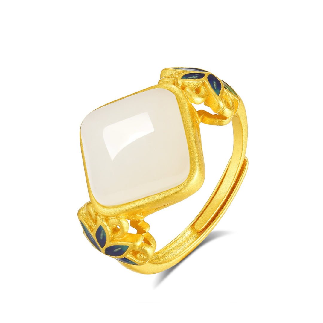 Bague Éveil Lotus Bleu - Jade Blanc, Argent Plaqué Or - Biloria