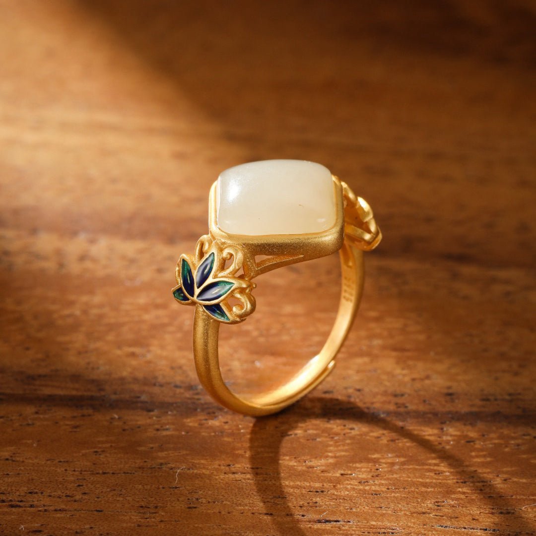 Bague Éveil Lotus Bleu - Jade Blanc, Argent Plaqué Or - Biloria