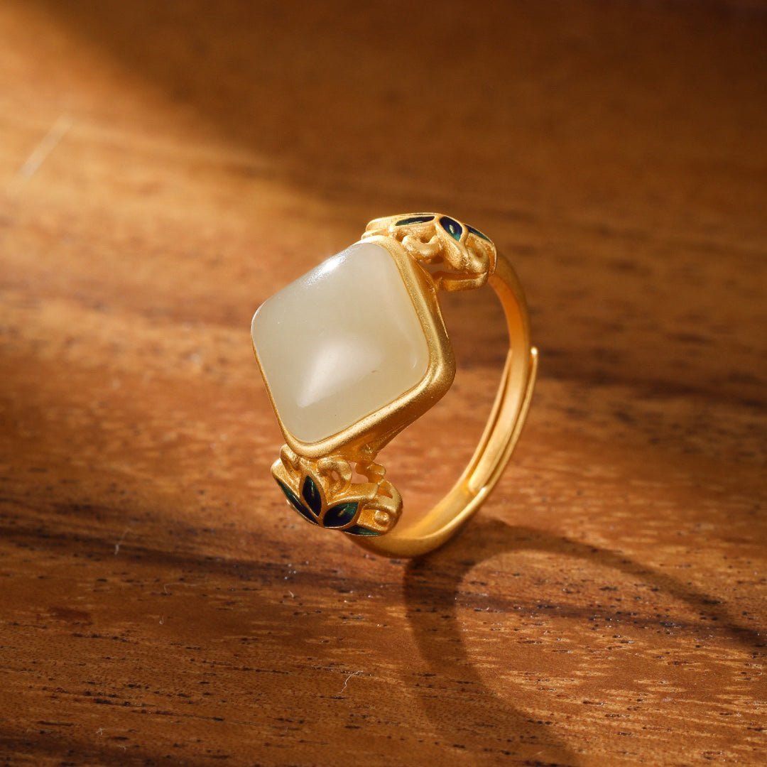 Bague Éveil Lotus Bleu - Jade Blanc, Argent Plaqué Or - Biloria