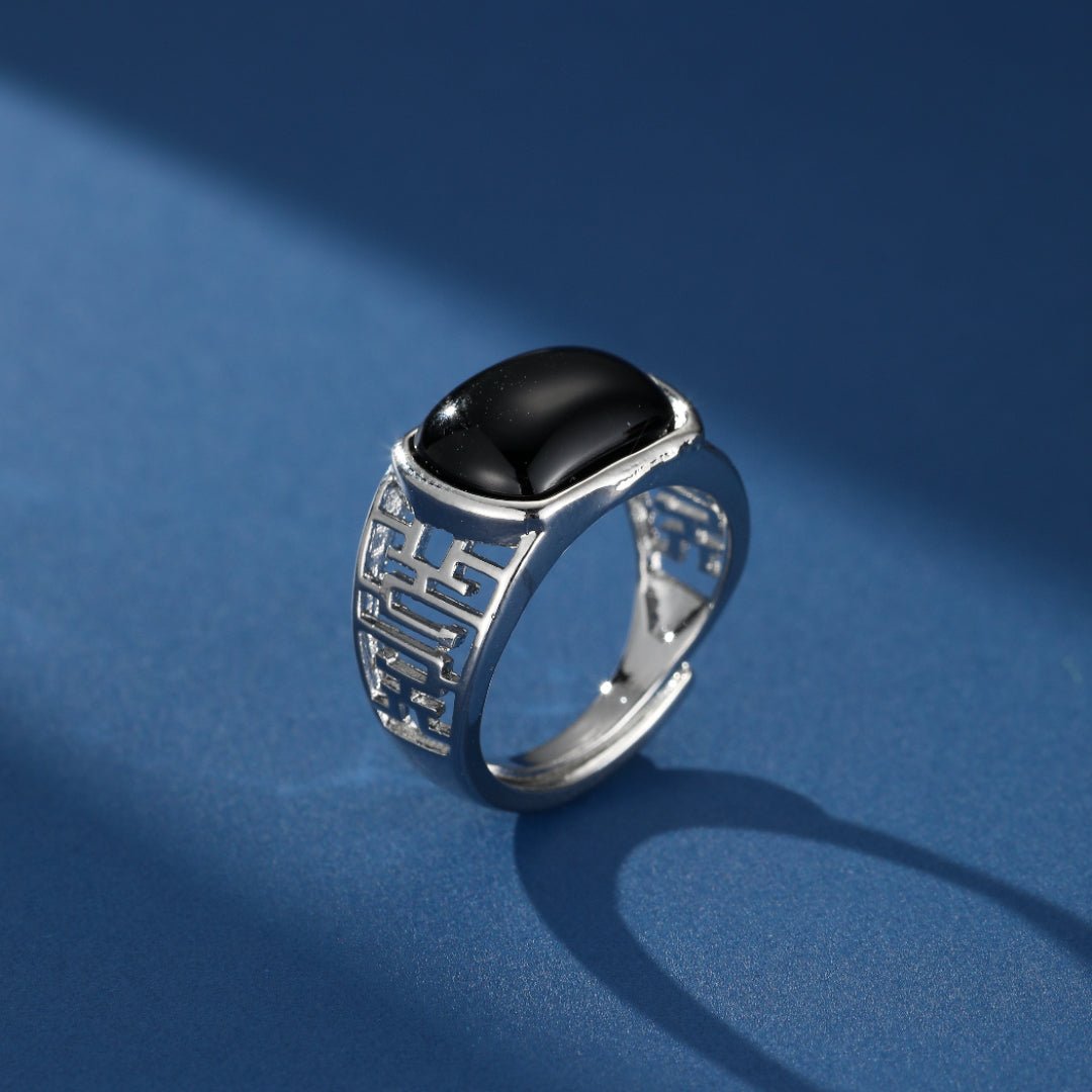 Bague Homme Obsidienne Rectangulaire Argent Massif 925 - Biloria