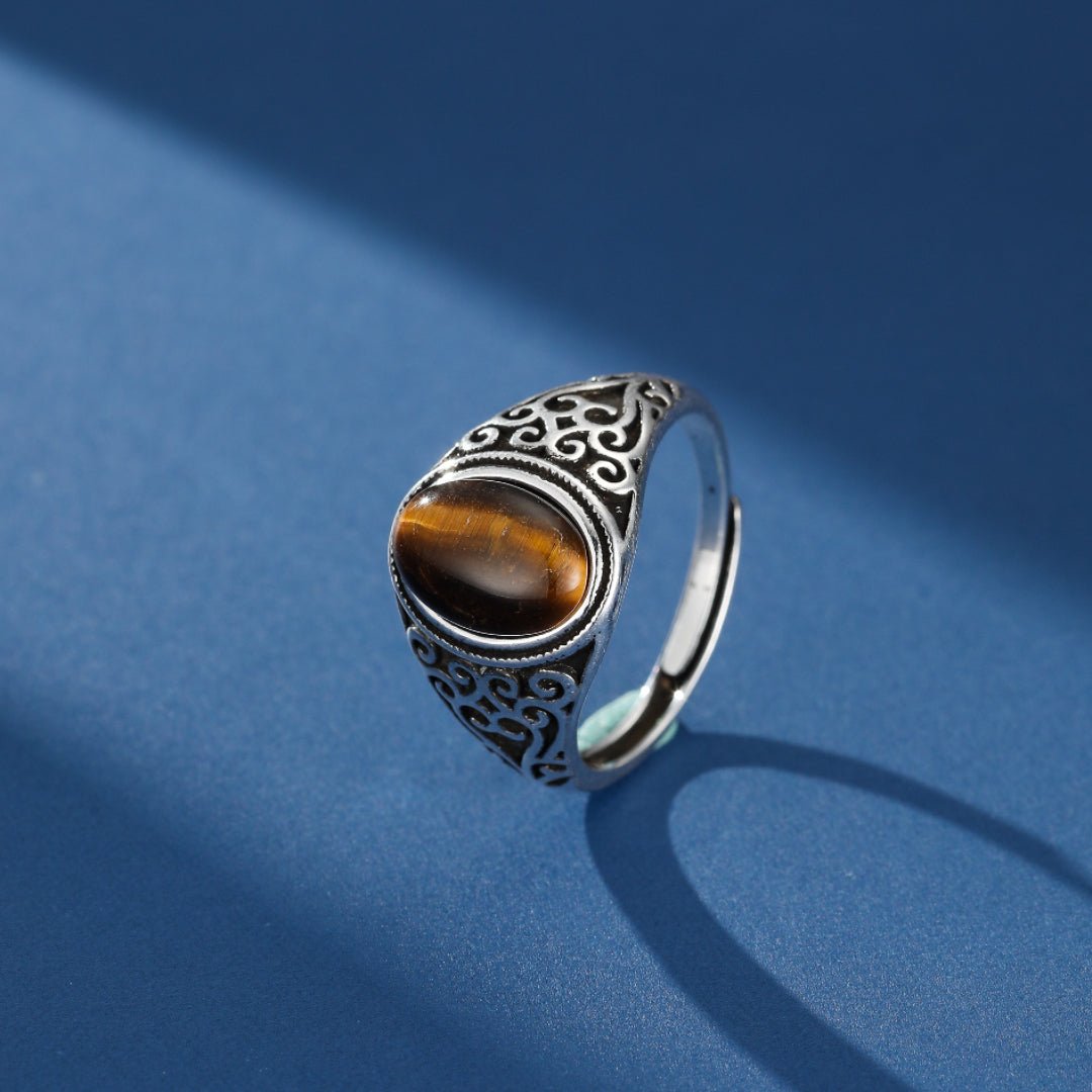 Bague Homme Œil de Tigre Laiton Gravée – Bijou Ajustable - Biloria