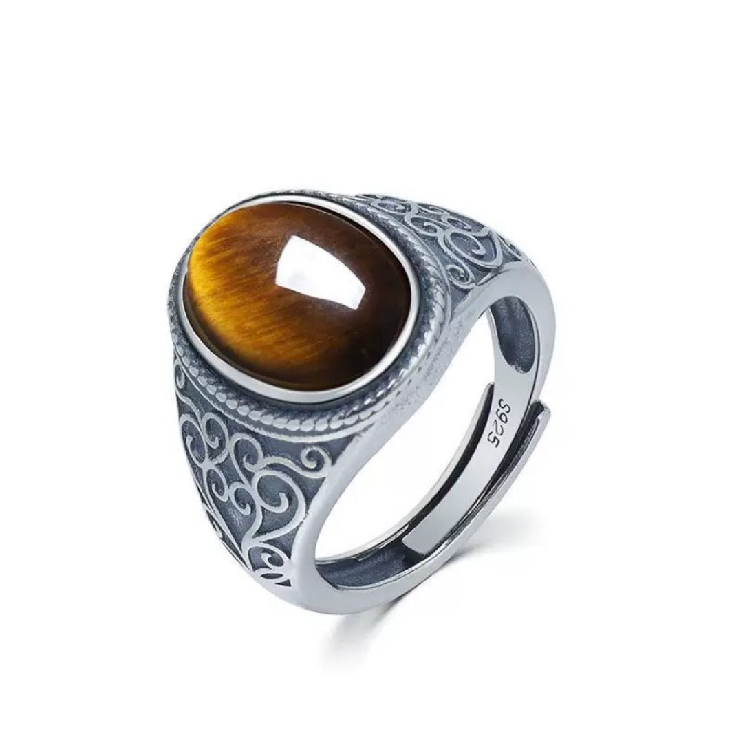 Bague Homme Œil de Tigre Laiton Gravée – Bijou Ajustable - Biloria