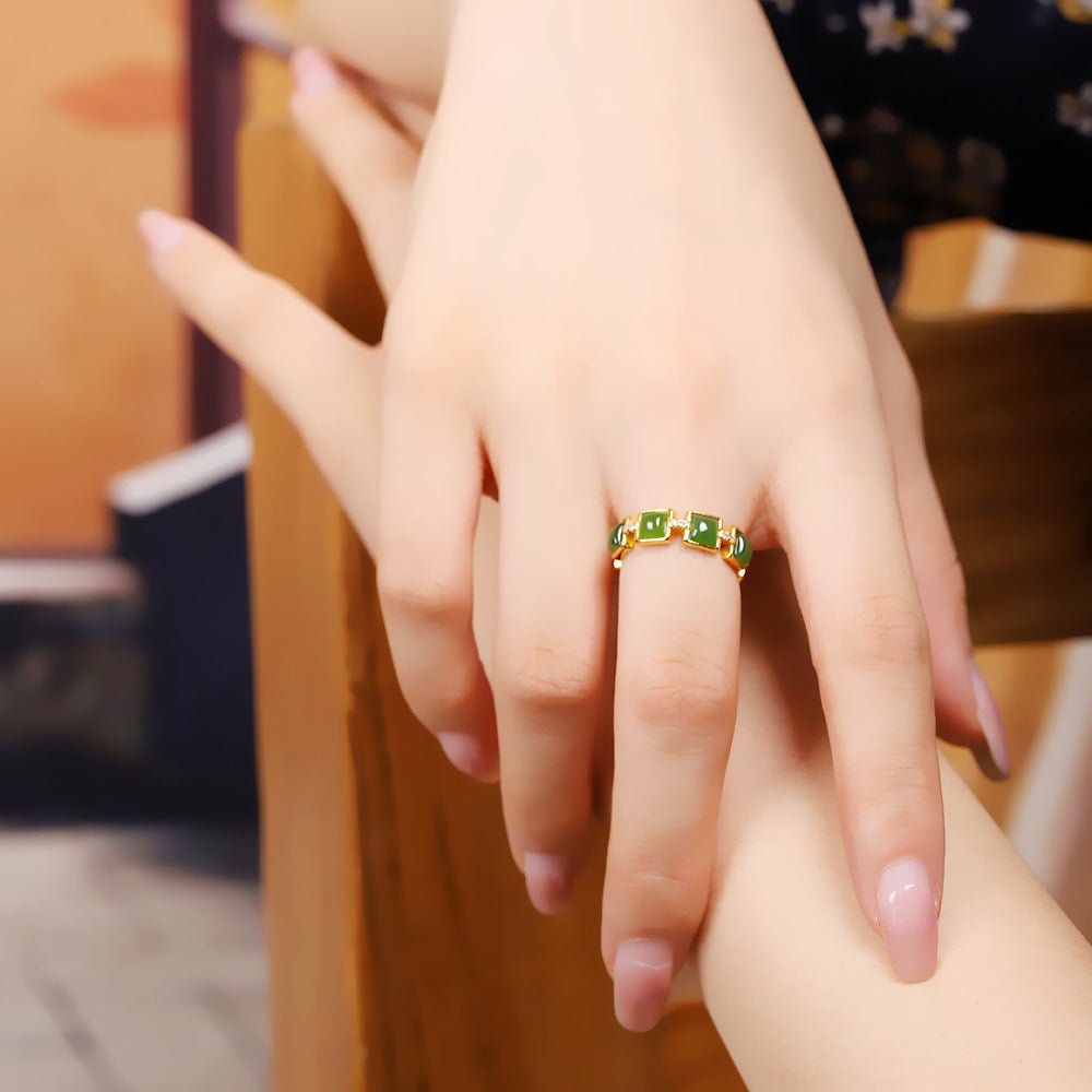 Bague Jade Ajustable offrir Paix Intérieure Argent Plaqué Or - Biloria