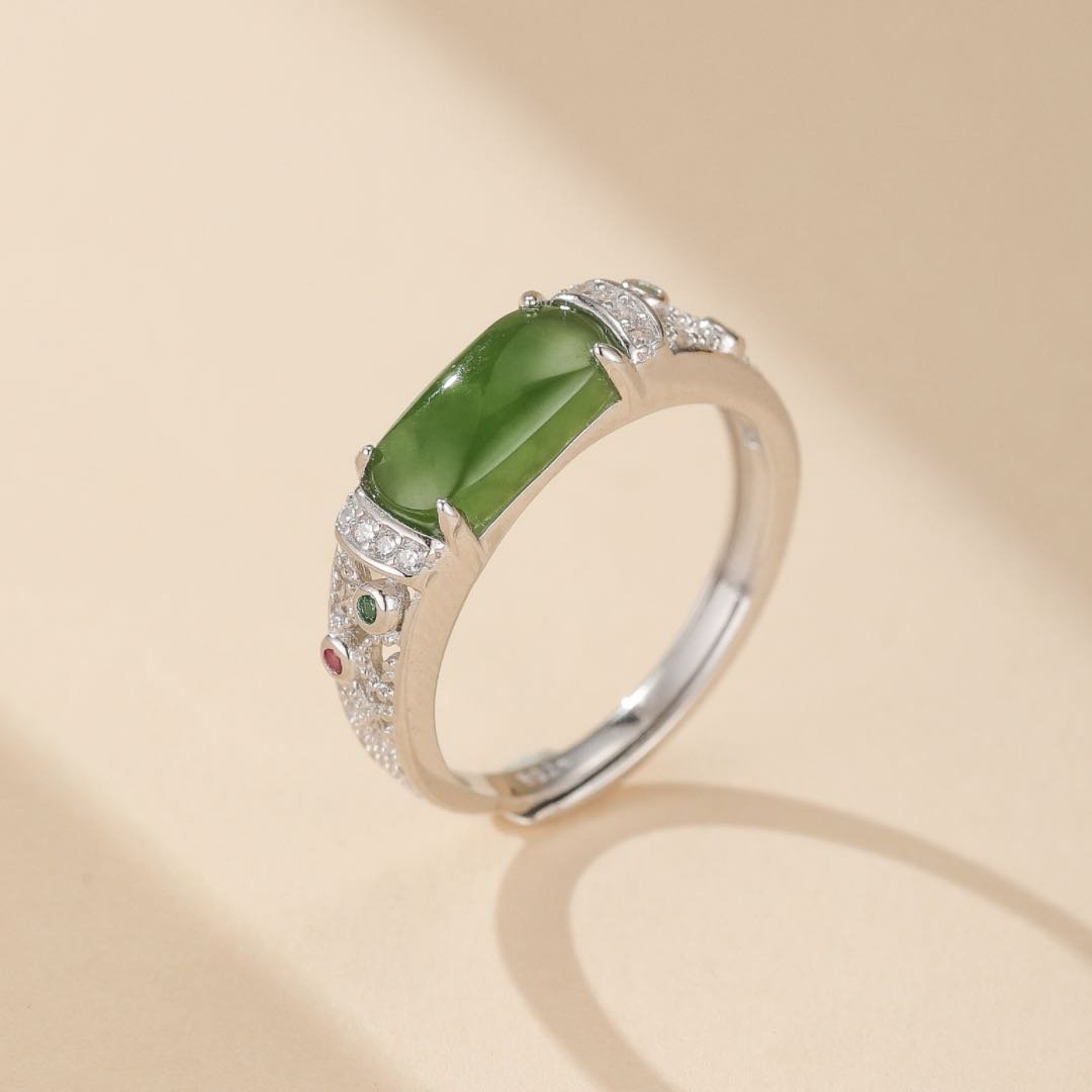 Bague Jade et Zircon en Argent Plaqué Or, Bijou Ajustable - Biloria