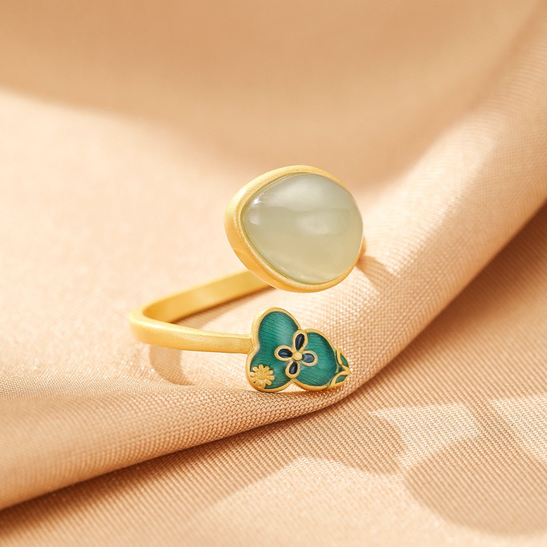 Bague Jade Néphrite Goutte et Gourde – Argent Plaqué Or Ajustable - Biloria