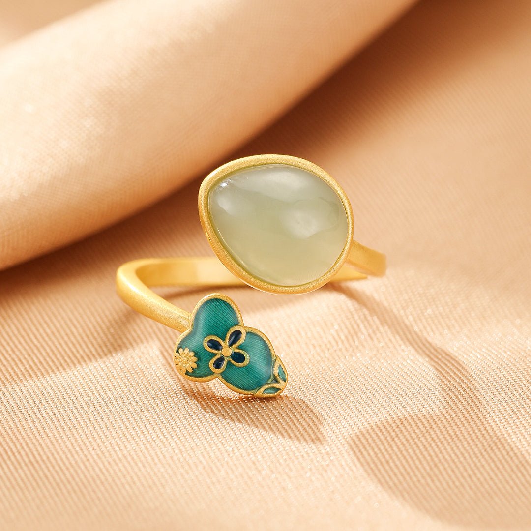 Bague Jade Néphrite Goutte et Gourde – Argent Plaqué Or Ajustable - Biloria
