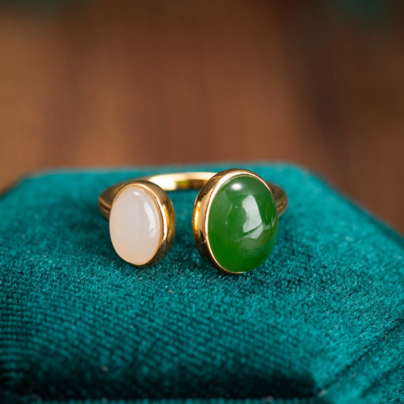 Bague Jade Vert Blanc en Argent Plaqué Or - Harmonie et Protection - Biloria