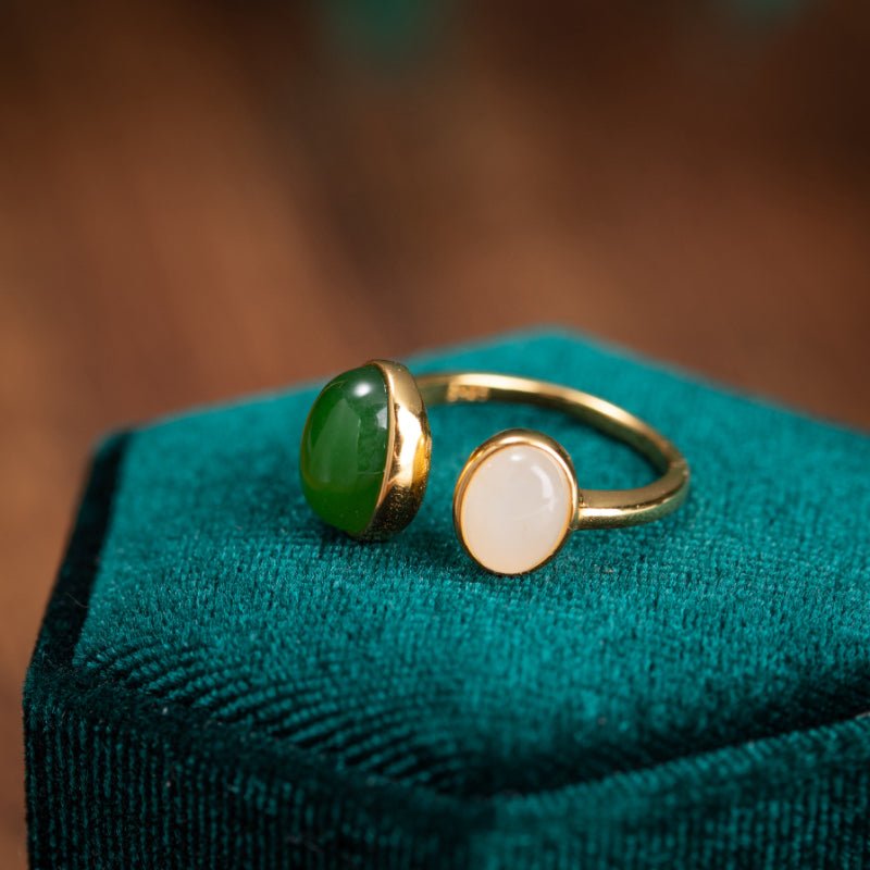 Bague Jade Vert Blanc en Argent Plaqué Or - Harmonie et Protection - Biloria