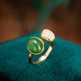 Bague Jade Vert Blanc en Argent Plaqué Or - Harmonie et Protection - Biloria