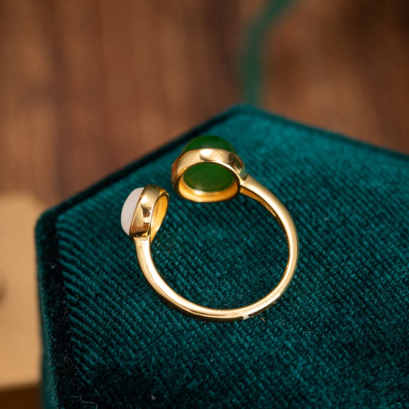 Bague Jade Vert Blanc en Argent Plaqué Or - Harmonie et Protection - Biloria